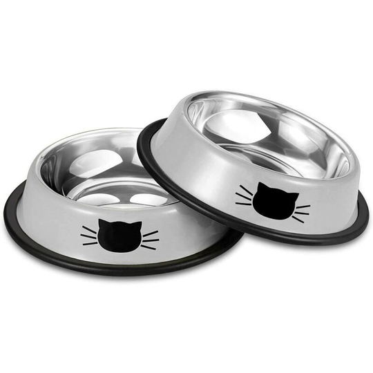 Stainless Steel Pet Cat Bowl Puppy Dish Bowl with Cute Cats Painted Non-Skid for Small Dogs Cats (Grey)