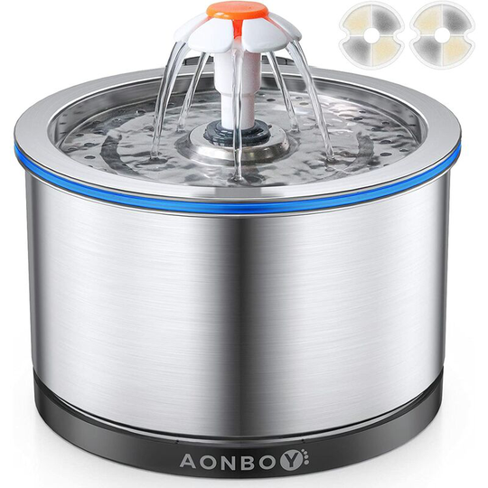 Bearsu - Cat Water Fountain, aonboy Stainless Steel Water Fountain, Upgraded Ultra-Quiet Water Pump with 2 Filters and Automatic Pet Fountain with