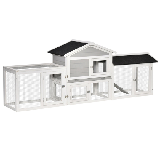 PawHut 2 Tier Wooden Rabbit Hutch w/ Tray, Ramps, Asphalt Roof