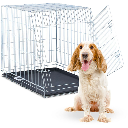 Dog Cage, Home & Car, HxWxD: 83 x 75 x 109 cm, Foldable Crate with Floor & Door, Steel, Various Sizes, Silver - Relaxdays