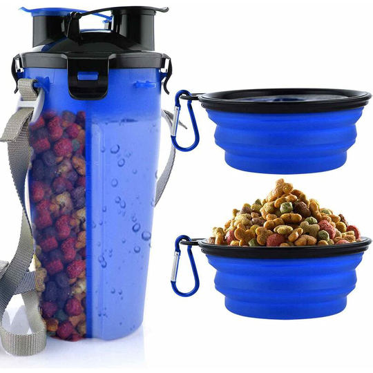Dog Water Bottle with 2 Collapsible Bowls Portable 2-in-1 Water Bottle and Food for Dog and Cat, Travel Bottle for Walking, Exercising, Hiking,
