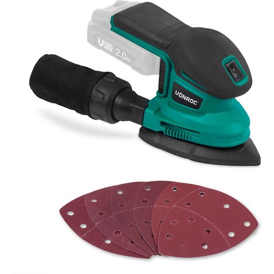 Vonroc - Mouse sander - VPower 20V - Excl. battery and quick charger - Incl. dustbag and 6 sanding papers