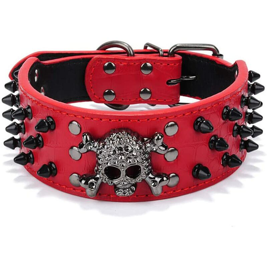 Rivet Skull Dog Collar, Large Medium and Small Dog Collar, Adjustable Skull with Spiked Rivets Crocodile Faux Leather Dog Collar