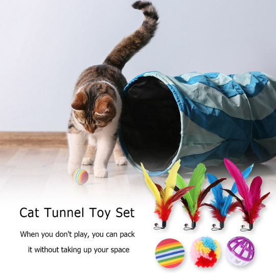 14Pcs Kitten Tunnel Toys Set Stick Mouse Peppermint Fish Collapsible Play Tube Nylon Plush Indoor Outdoor Pet Supplies