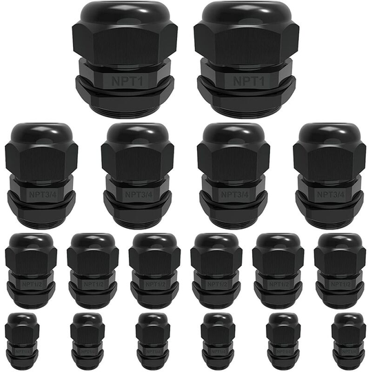 Joorrt - Cable Gland Kit Waterproof Adjustable Strain Relief npt Nylon Cord Grip for 3-25mm Dia Cable,1/4" 1/2" 3/4" 1" 18pcs Plastic Cable Glands