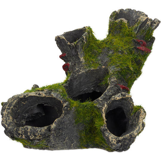 Relaxdays - Aquarium Decoration, Tree Trunk Cave, Natural Look Ornament, Resin, Fish Tank, HxW: 7 x 15 cm, Grey/Green