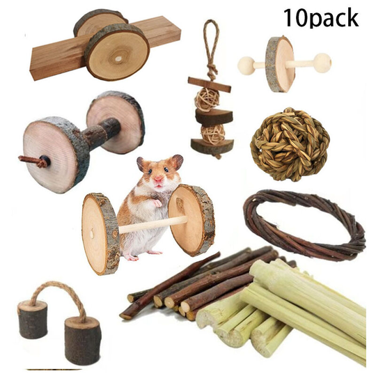 Chew Toy 10 Pcs Natural Wooden Dumbbells Rocker Pet Molar Teeth Grooming Kit for Guinea Pig Gerbil Rat Chinchilla Ferret Parrot Bunny Small Animal