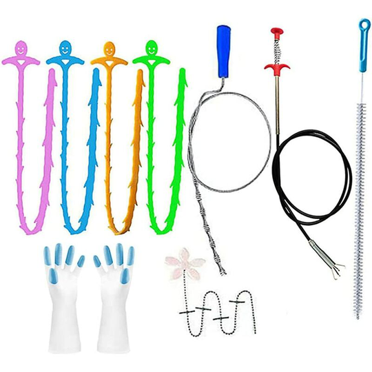 Perle Rare - 9 in 1 Sink Cleaning Hook, Drain Cleaning Spiral, With Gloves, Flexible Clamp, for Kitchen, Sink, Bathroom and Shower, Extra Long 160cm