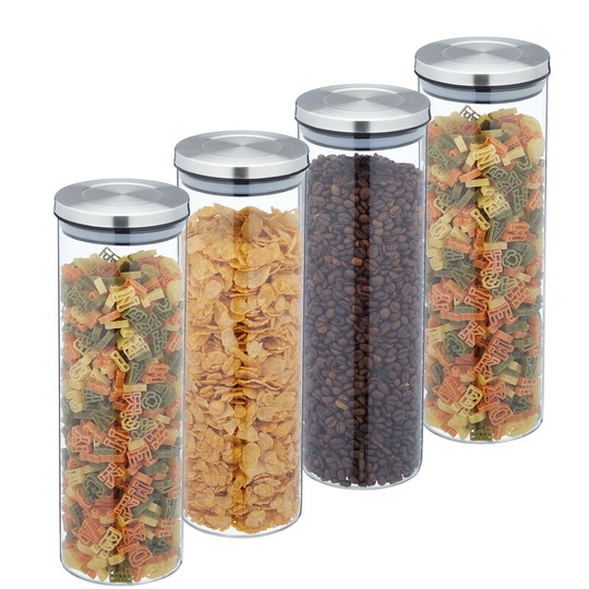 Storage Jars in Set of 4, 1600 ml, Airtight Lids, Store Dry Food, Glass, Transparent/Silver - Relaxdays