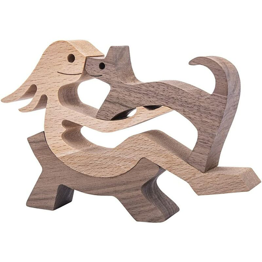 Ilovemilan - Wooden Dog Cat Family Statue, Handmade Wood Decoration, Cute Puppy, Kitty and People Statue Sculpture Ornament Collectible Figurine
