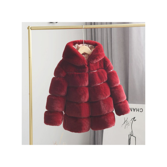 (Wine red, 8-9 Years) Kids Girl Rex Rabbit Fur Coat Padded Winter Jacket