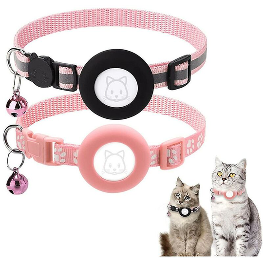 2 Pieces Adjustable Airtag Cat Collars, Reflective Air Tag Cat Collar with Detachable Safety Buckle and Bell Pink