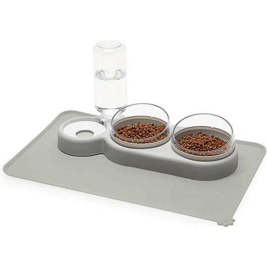 Elevated Cat Dog Bowls with Automatic Water Bottle Waterproof Silicone Mat for Cats Small Dogs Gray