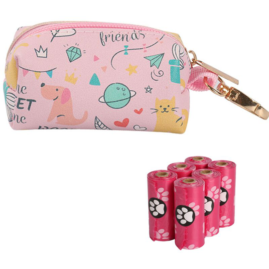 Dog Poop Bagger, Pet Poop Bag Holder, Portable Cowhide Dog Poop Bag Holder (Pink + 6 Rolls of Waste Bags)