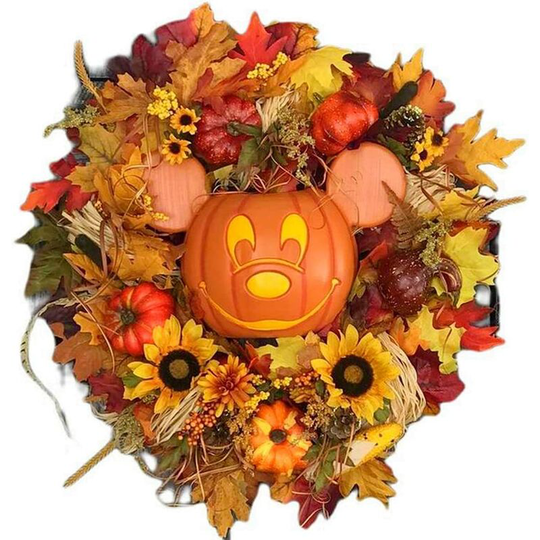 Einemgeld - Fall Pumpkin Door Wreath, Halloween Mickey Mouse Shape Door Wreath, Front Door Artificial Maple Sunflower Fall Decor, Indoor Outdoor