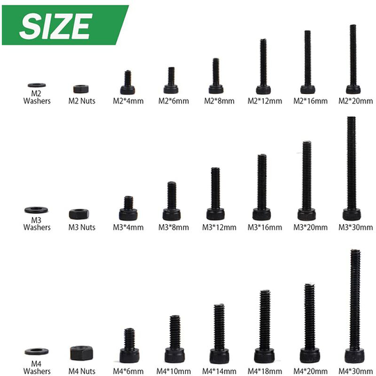 Kit 1080PCS M2 M3 M4 Carbon Steel Hex Bolt Socket Head Screws with Nuts Assortment (Black)