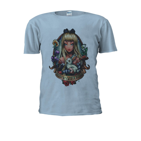 (X-Large, Light Blue) Princess Alice's in Wonderland Tattoo Rabbit Men Women Unisex Top T Shirt