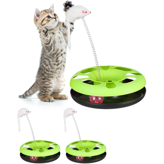 Relaxdays - Set of 3 Cat Toys Carousel with Mouse, Interactive Toy, Ball with Bell, Pet Training, Green