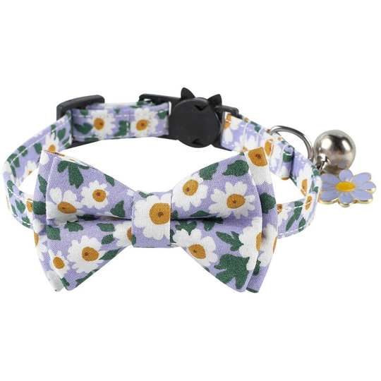 Litzee - Cat Collars with Bells and Safety Release Buckle, Floral Bow Tie Kitten Collars, Adjustable 0-28 cm, Purple