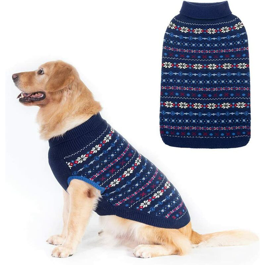 Litzee - Classic Snowflake Dog Jumper - Soft Thickening Dog Cat Sweater Coat Warm Apparel, Knitwear Pet Winter Clothes Outfits (Blue,L)