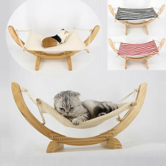 Siesta cat hammock, wooden frame + beige coarse canvas