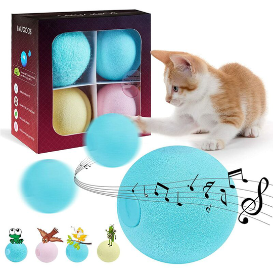 4Pack Cat Toys for Indoor Cats,Cat Balls with 3 Types of Realistic Animal Chirping Sounds(Birds,Frogs and Crickets),Smart Touch Sound Refillable