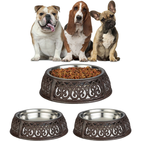 Relaxdays - 3 x Food Bowl Antique, Dogs, Nostalgia, Country Style, Heavy, Cast Iron Bowl Holder, Stainless Steel Food Bowl 1l, Brown