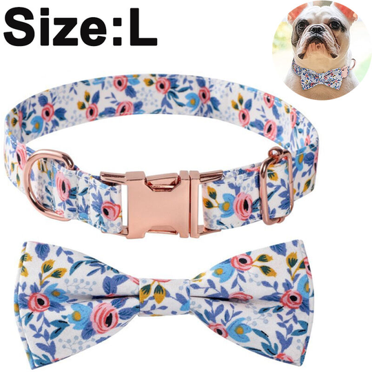 Custom Flower Girl Dog Collar for Female Dogs- Floral Pattern Engraved Pet Collars with Personalized Gold Buckle, blue, l