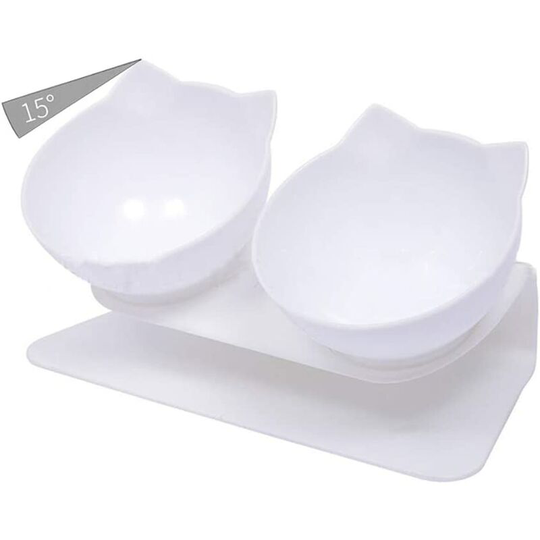 Double Elevated Cat Bowls with Raised Stand, 15 Tilted cat Bowl Design Neck Guard Stand Raised Pet Food Water Feeder Bowl for Cats or Small Dogs,White