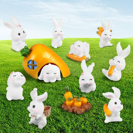 Perle Rare - Miniature Resin Rabbit Figurines, Easter Bunny Carrots Home Rabbit Garden Ornaments for Potted Plant Fairy Garden Landscape Micro