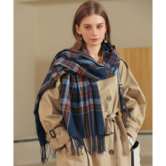 Cashmere like scarf with tassel plaid shawl in winter Women's medium length thickened warm scarf, blue dark