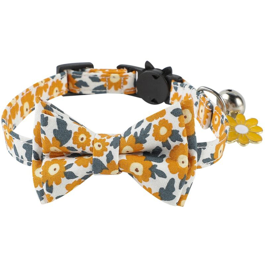 Litzee - Cat Collars with Bells and Safety Release Buckle, Floral Bow Tie Kitten Collars, Adjustable 0-28 cm, Yellow