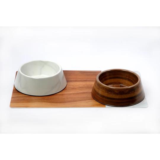 Millie Marbel & Acacia Wood Effect Pet 4 Piece Bowl Set