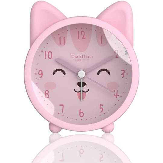 Cute Animal Shaped Alarm Clock for Kids Non-Ticking Rabbit Cat/Deer Silent Alarm Clock with Backlight (Cat, Pink)