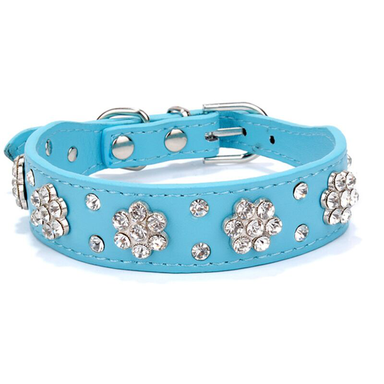 Dog Collar with Rhinestones - Pretty Flowers and Rhinestones - Faux Leather Collar - Adjustable Size: s - blue
