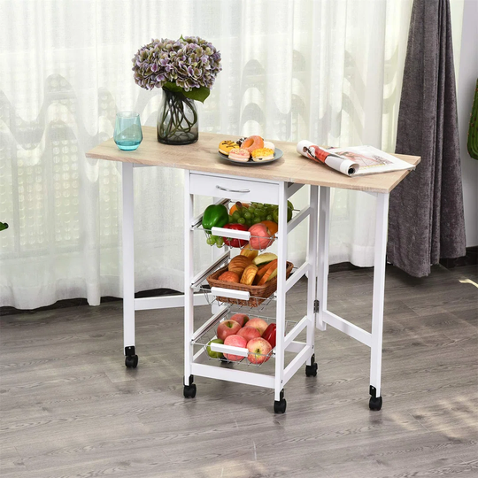 Drop-Leaf Kitchen Cart Trolley W/ 3 Baskets Drawer Surface Top 6 Universal Wheels Rolling Storage Unit Kitchen Home Dining Island White Oak Tone