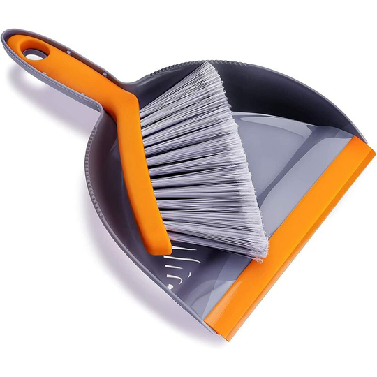 Mini Dustpan and Brush Set - Small Broom and Dustpan Set for Home, Kids, Camping, Outdoor, Office, Kitchen, Gray & Orange (10")