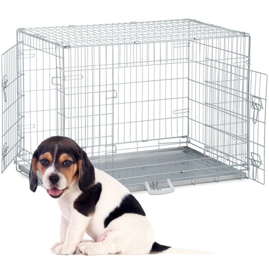 Foldable Dog Crate, for Indoors or Travels, Galvanised Tray, 2 Doors, Handle, 66 x 91 x 60 cm, Metal, Silver - Relaxdays