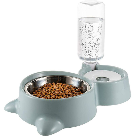Double Dog Cat Bowl, Stainless Steel Pet Bowl, Spill Resistant Resin Station, Pet Feeder with Automatic Water Bottle Blue
