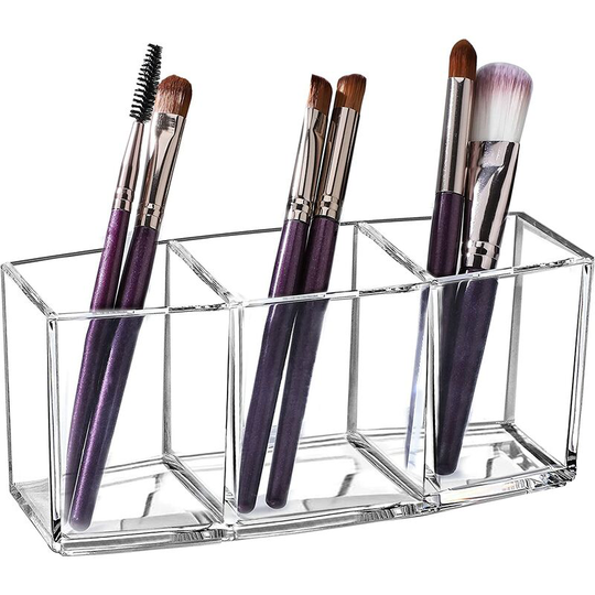 Monly - Acrylic Makeup Storage 3 Compartment Clear Makeup Brush Organizer Cosmetic Brush Storage Box for Eyebrow Pencil Eyeliner Lipstick