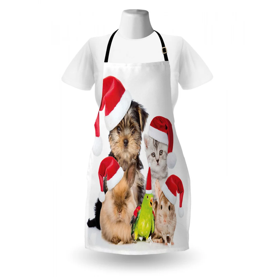 Crew Cat Dog Bird Mouse and Rabbit Bunny with Santa Hats Grumpy Pets Apron