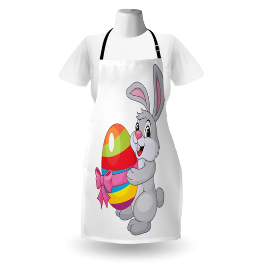 Rabbit Holding a Colourful Striped Egg Apron