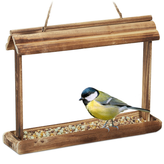Bird Feeder, Feeding Station, Hanging, h x w x d: 23.5 x 32 x 7.5 cm, Wood, Natural - Relaxdays