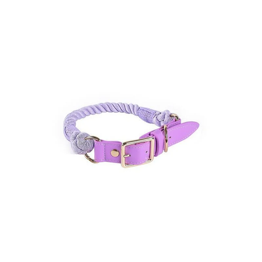 Premium Cotton Rope Dog Collar with Stainless Steel Pin Buckle Genuine Leather Collar(S,Purple)