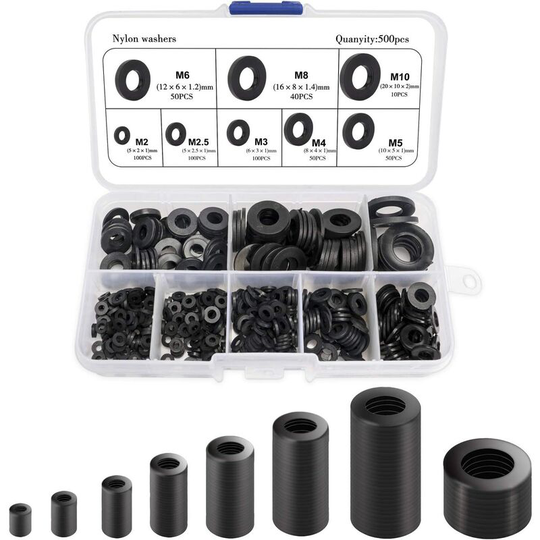 Litzee - Nylon gasket, round spacer washer black 500PCS compatible with M2 M2.5 M3 M4 M5 M6 M8 M10