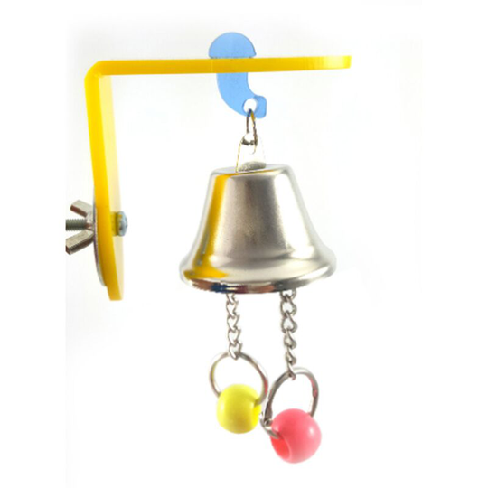 Two parrot toy birds bite big bells, string birdcages and hang small pet articles