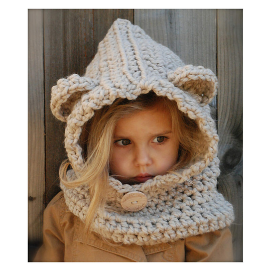 European and American knitted hat Cartoon bear wool ear protection outdoor cape Children's neck protection cloak hat (beige)