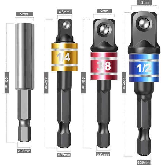 Impact Driver Socket Adapter Set with Magnetic Bit Holder for 1/4' Hex Shank to Square Socket Turn Electric Drill into Nut Driver 5 Pieces
