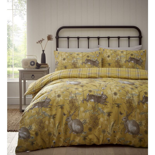 Portfolio Rabbit Meadow Ochre Single Duvet Cover Set Reversible Bedding - Ochre