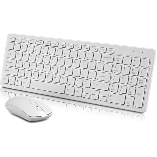 Wireless Keyboard and Mouse Pack - Wireless with Smart Dongle - Silent Clicks - Ultra Slim Design - Ergonomic - Rechargeable - White -